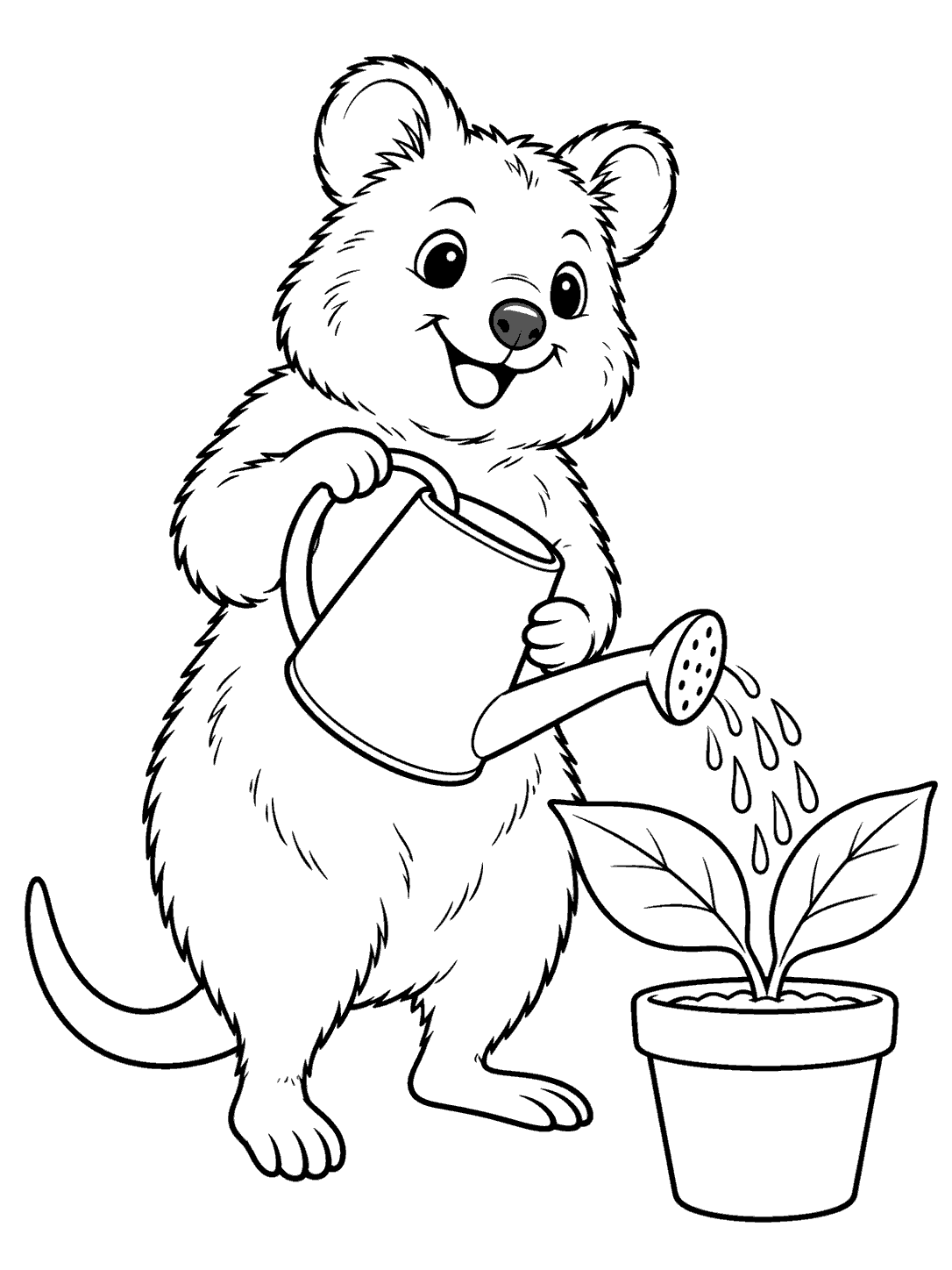 Standing quokka holding a watering can beside a potted plant with two broad leaves, in black-and-white line art.