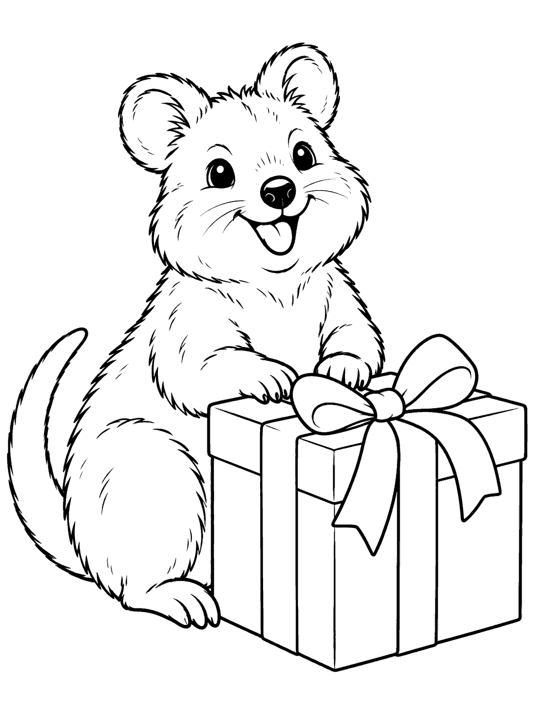 Black-outline coloring page of a seated quokka beside a large ribbon-wrapped present, with its paws, rounded ears, and curved tail visible.