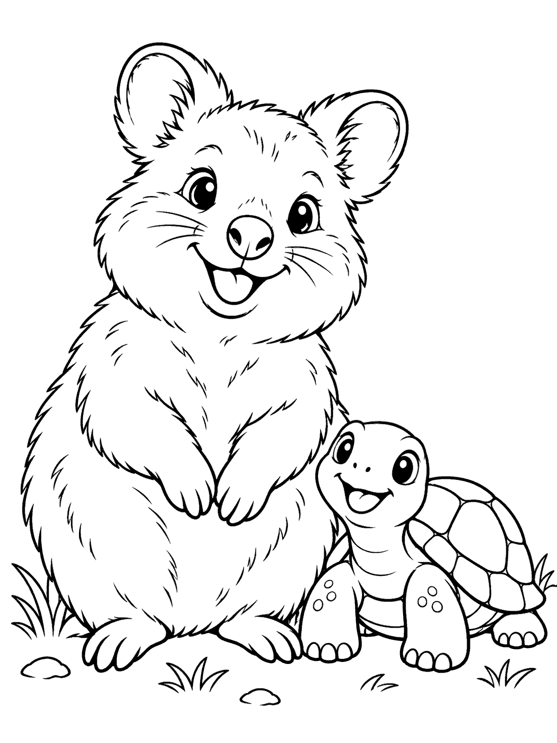 Large smiling quokka sitting beside a small friendly turtle with a segmented shell, drawn in black outlines on white.