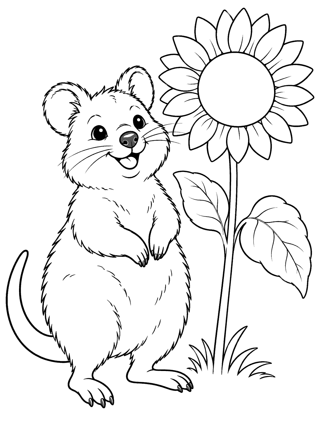 Full-body quokka with rounded ears and a curved tail beside a large sunflower, drawn in black outlines on white.
