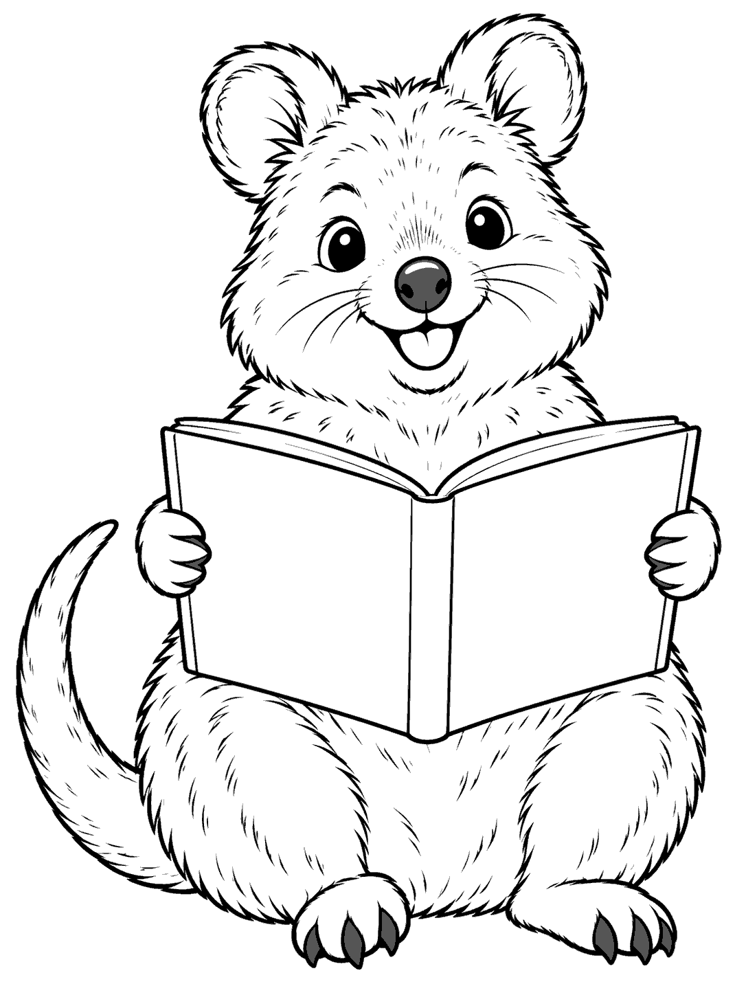 Seated quokka with rounded ears, curved tail, and an open blank book in black-and-white line art.