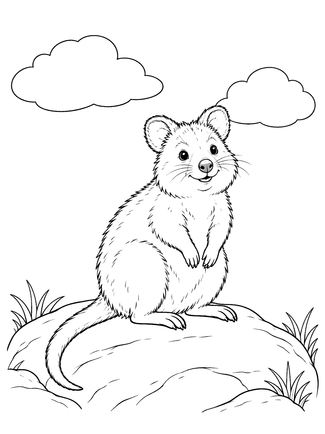 A round-eared quokka with a long tail sits on a broad rock beneath two clouds, drawn in black outline on a white coloring page.