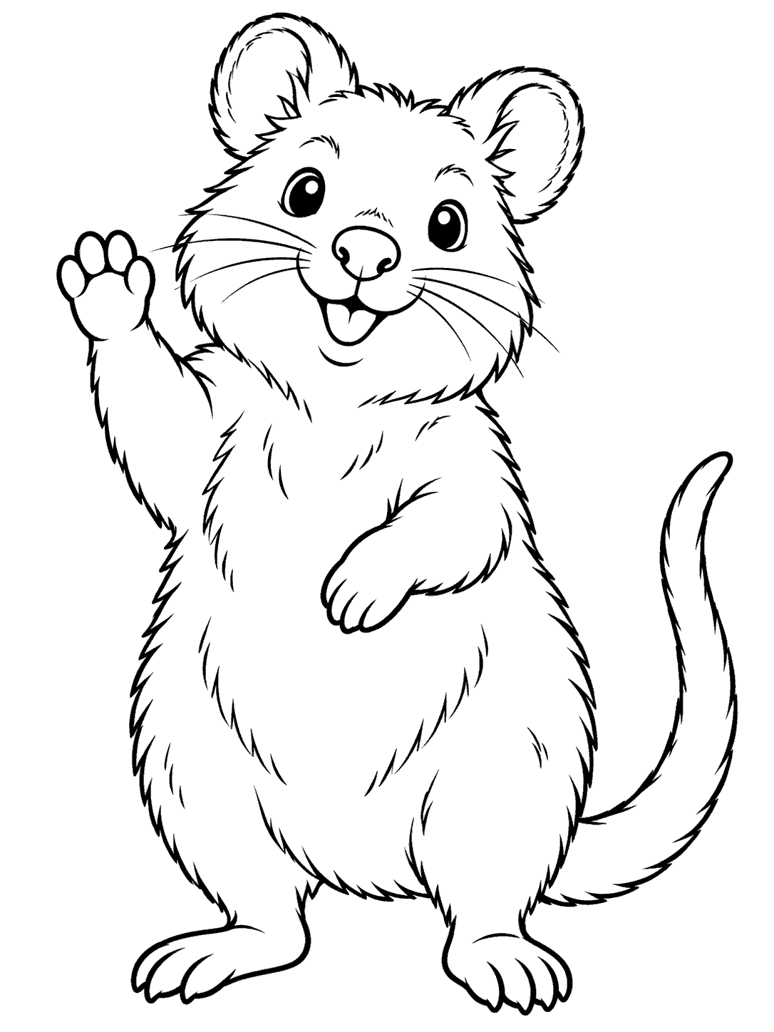 A full-body quokka stands upright, smiling and waving, in a black-and-white coloring page.