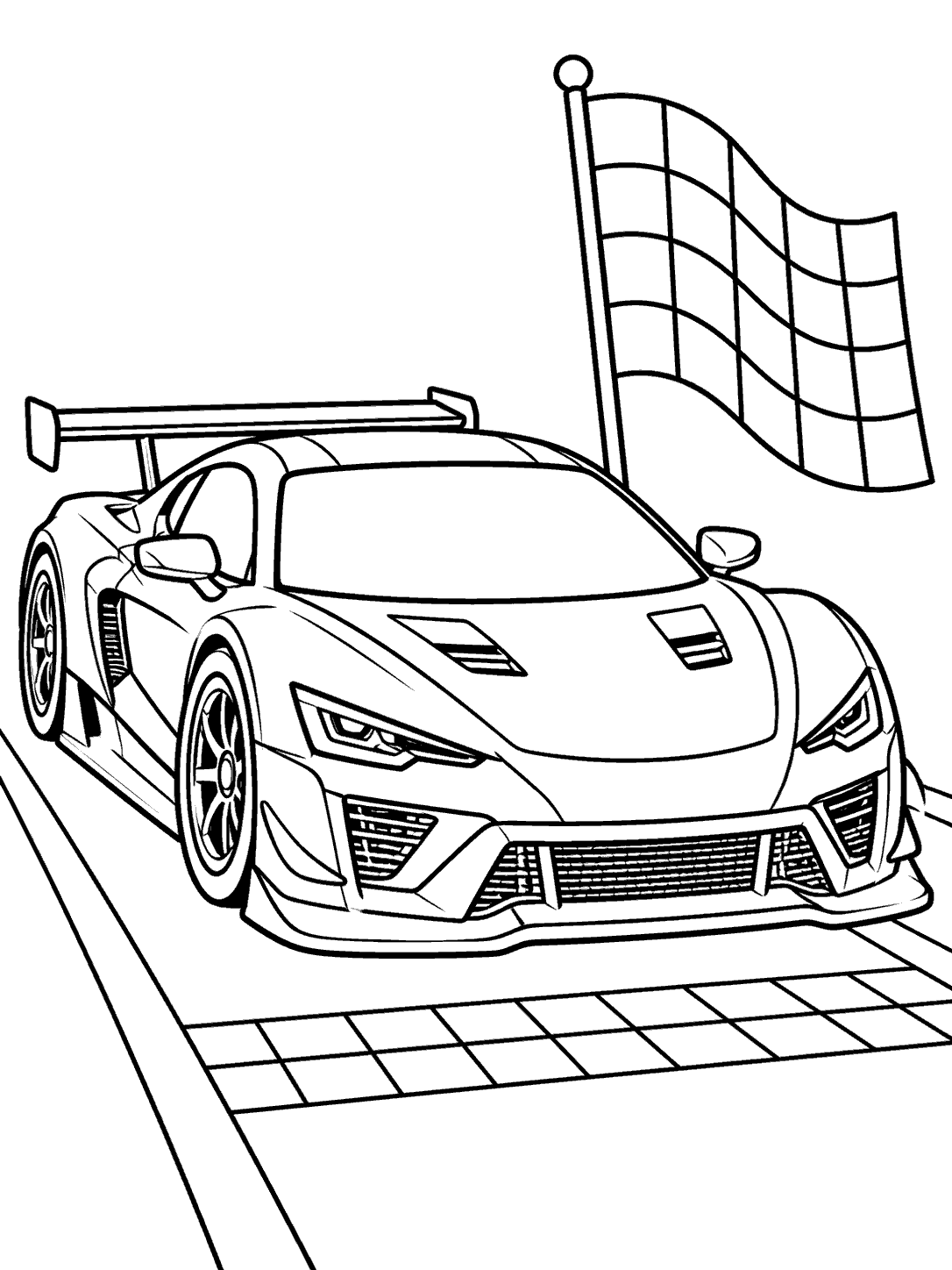 Sleek race car at a checkered starting line, viewed from the front three-quarter angle.