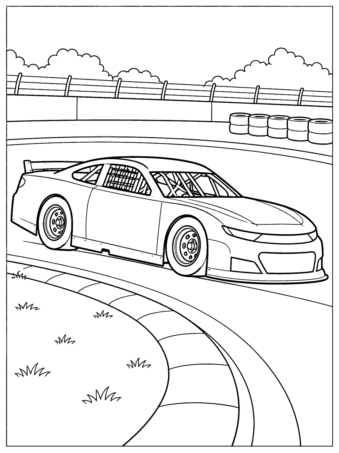Stock car turning on a curved race track with tire barriers and an inner curb