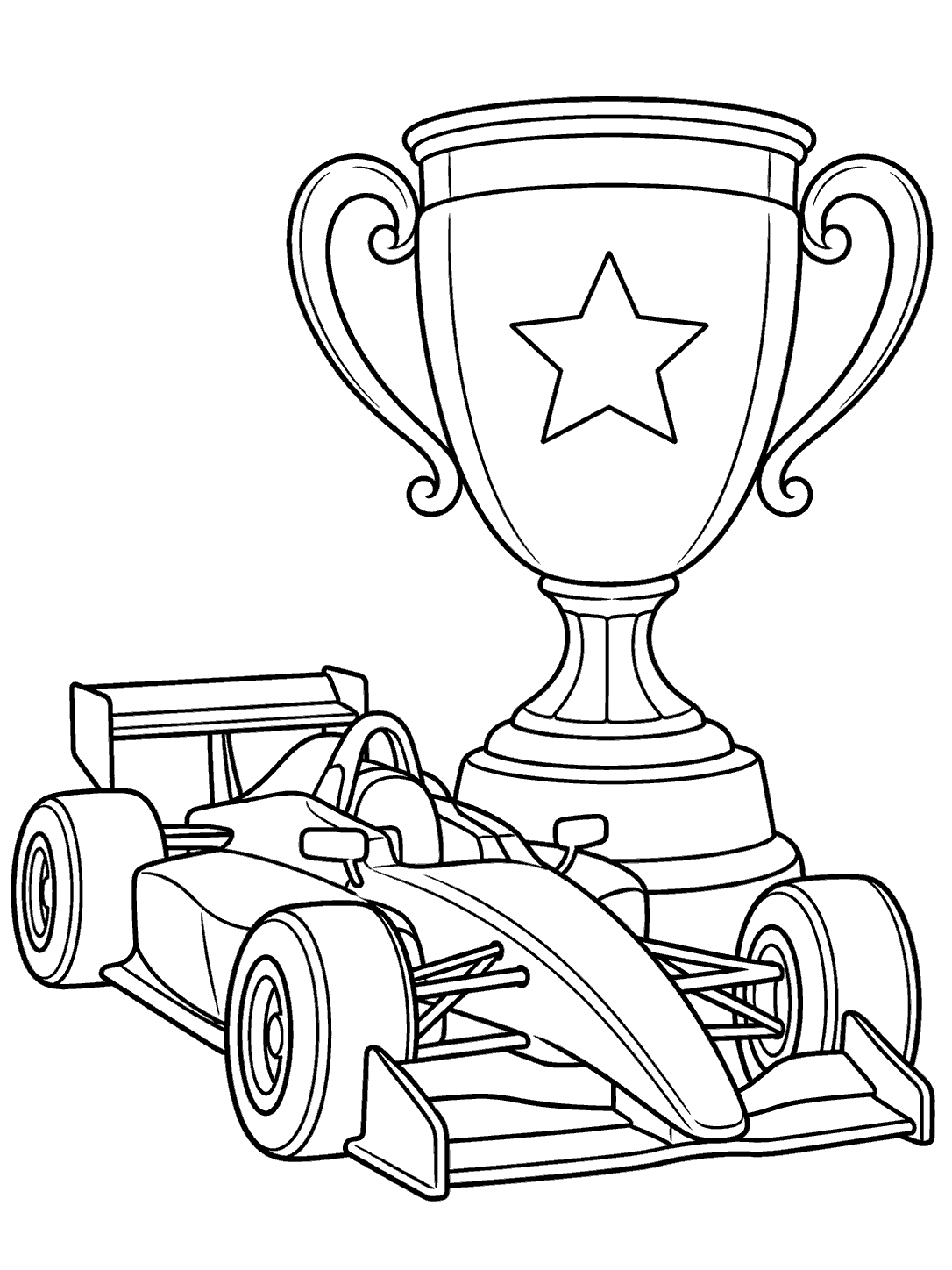 Open-wheel race car beside a large two-handled trophy with a star emblem