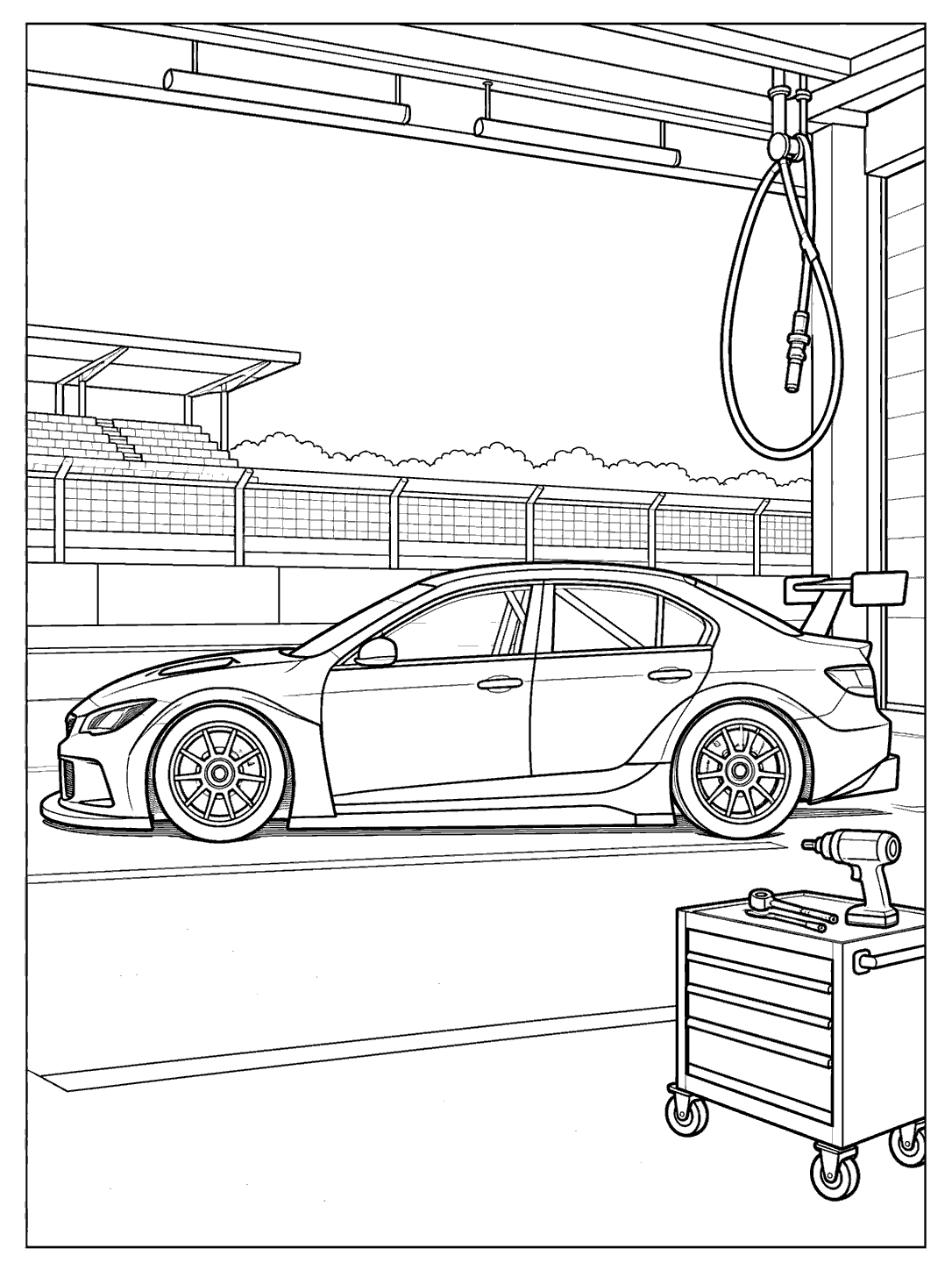 Side-view touring race car in a pit lane beside a wheeled tool cart and hanging hose