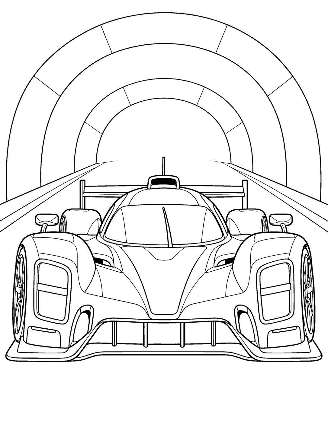 Low endurance race car approaching through an arched tunnel
