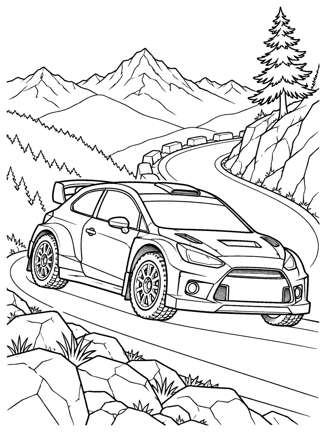 Rally car climbing a winding mountain road with a pine tree and rocky slopes