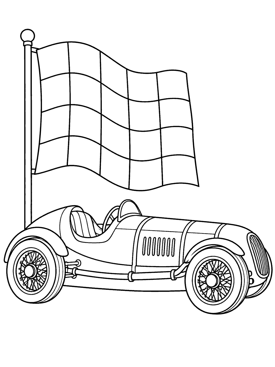 Vintage open-wheel race car with exposed spoked wheels beside a tall checkered flag