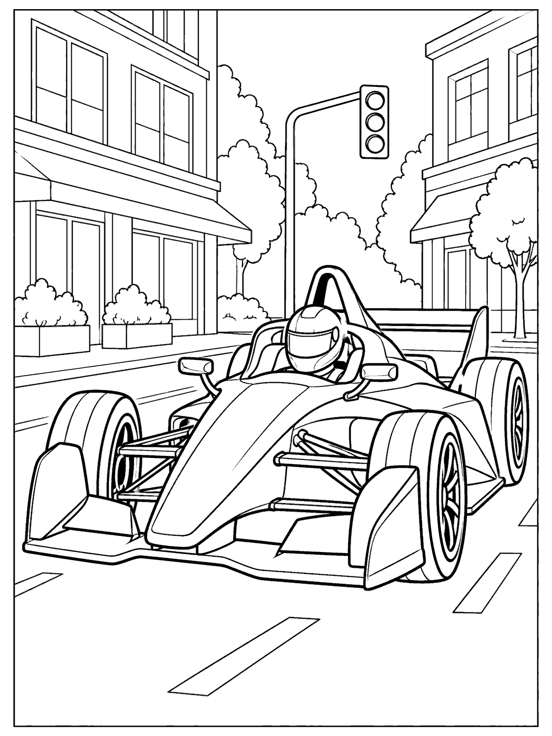 Front three-quarter view of a race car on a city street, with buildings and a traffic light behind it