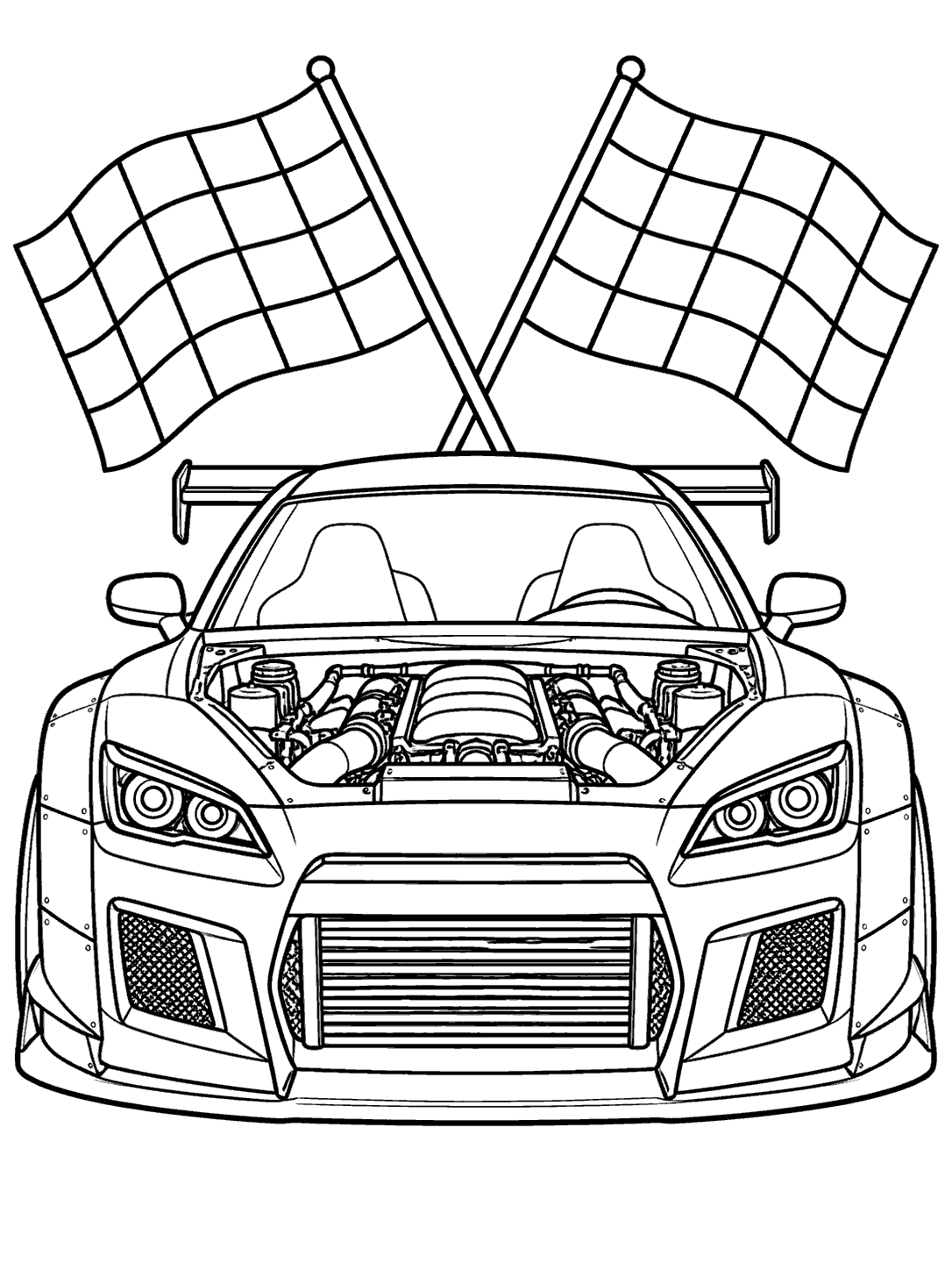 Front-facing wide-body race car with open hood and crossed checkered flags