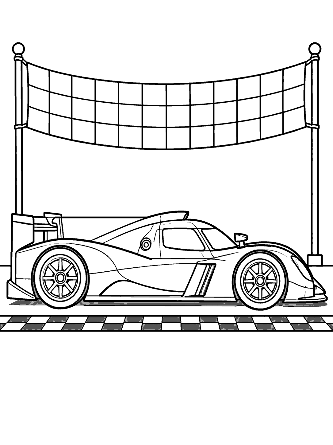 Side-view endurance race car beneath a checkered finish banner, above a checkered track stripe