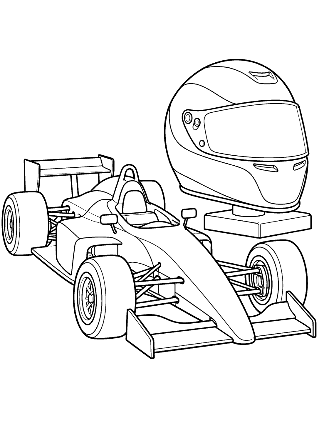Black-and-white coloring page showing a formula-style race car with exposed wheels parked beside a large full-face racing helmet on a stand.
