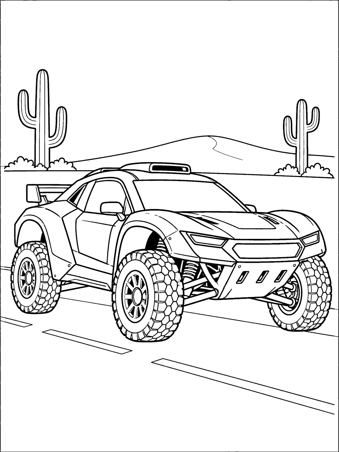 Detailed off-road rally car on a desert track between two cacti and a distant dune