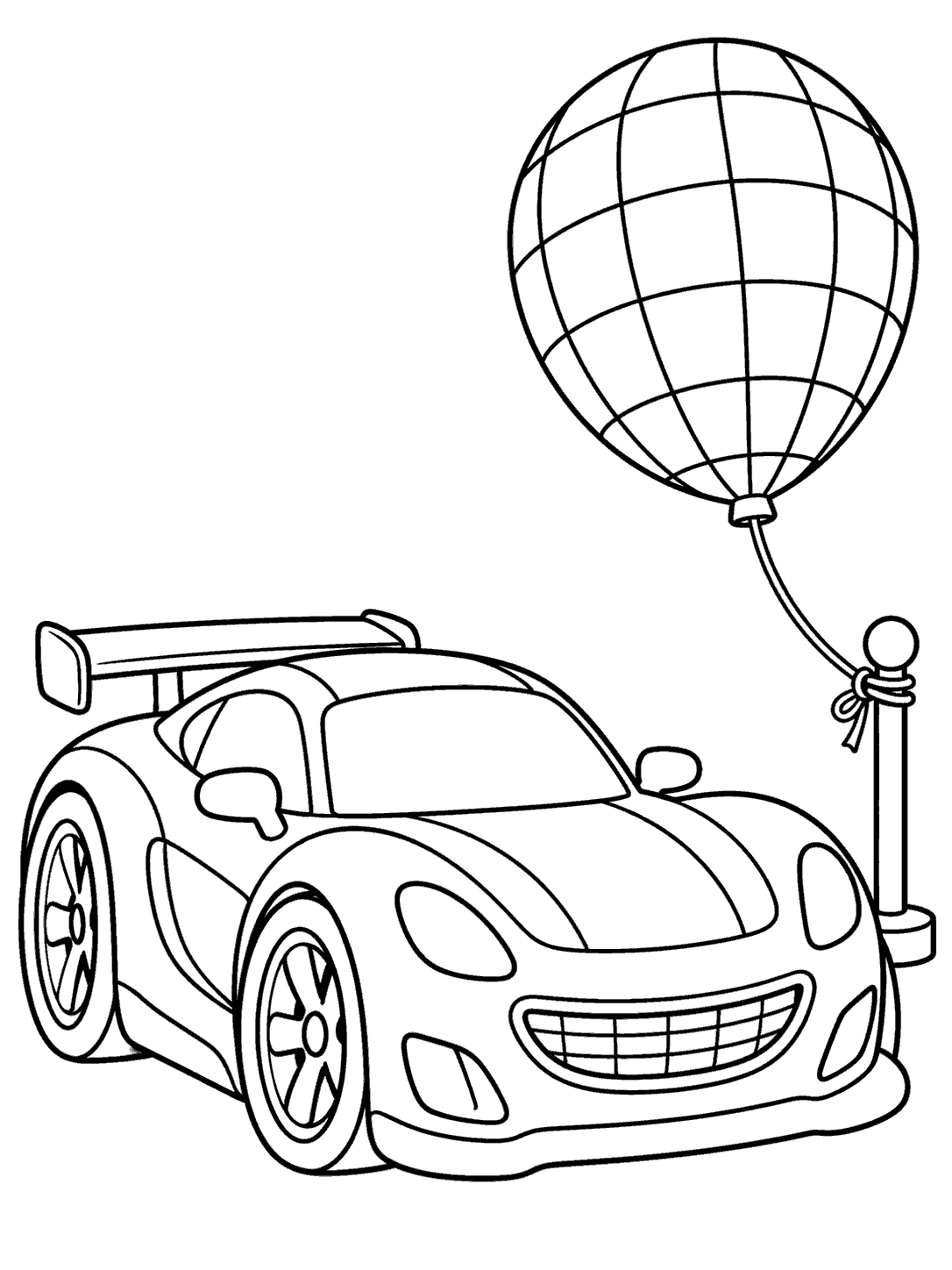 Friendly race car with a large grid-pattern balloon floating above it
