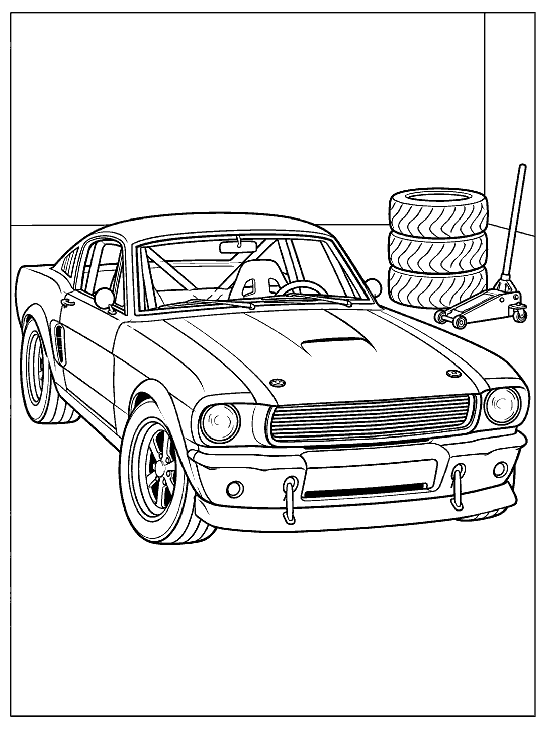 Classic coupe race car in a garage beside a stack of three tires and a floor jack