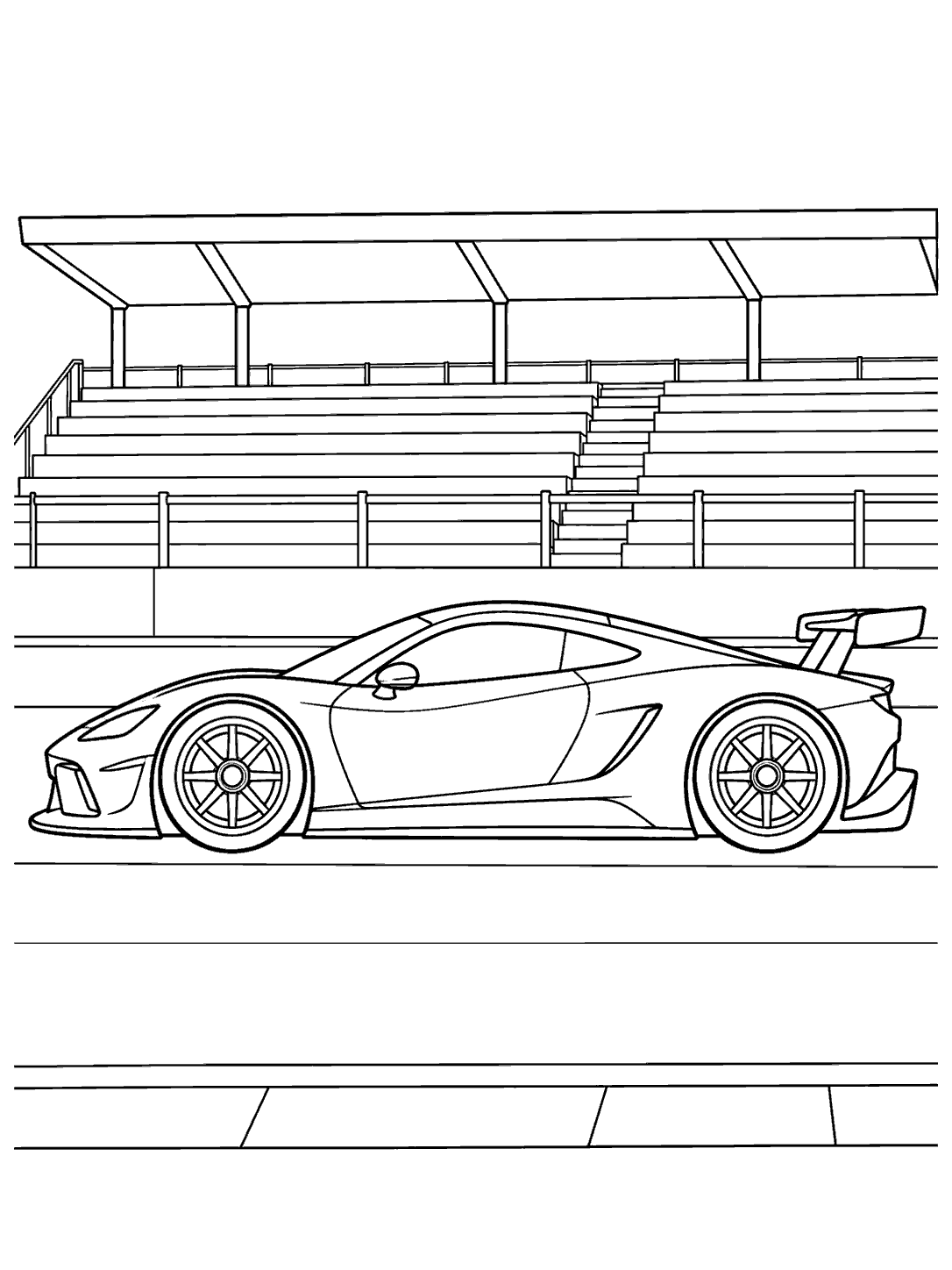 Sleek side-view race car on a straight track in front of an empty grandstand