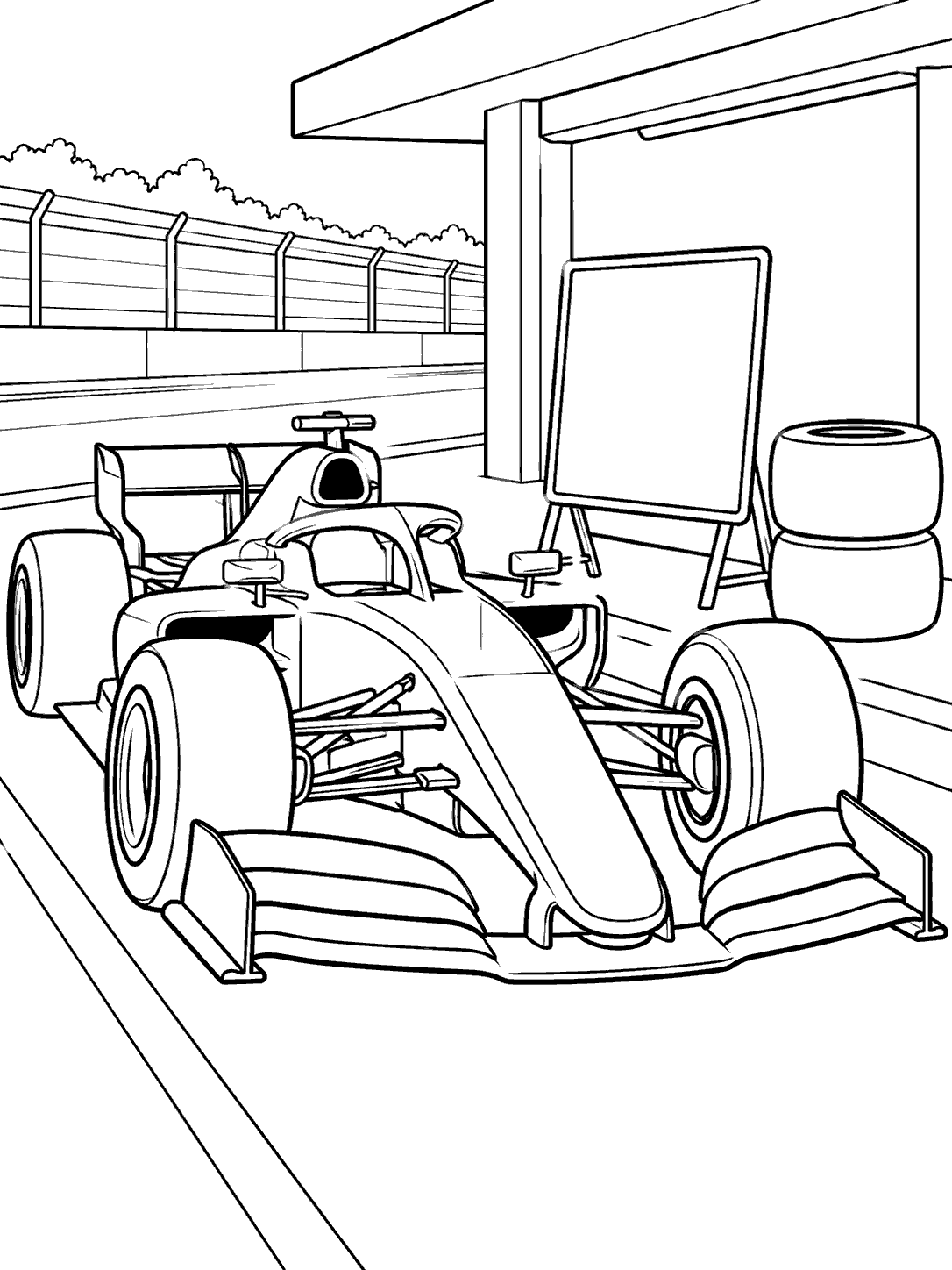 Open-wheel race car parked at a pit stop beside a blank pit board and two stacked tires.