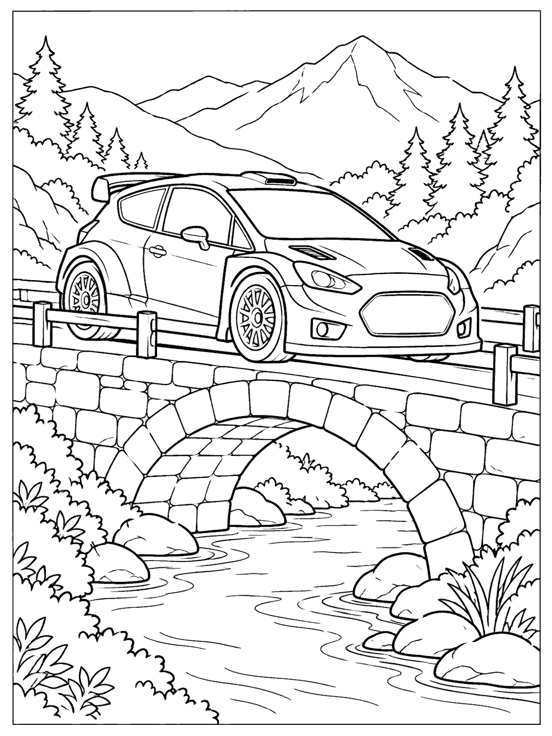 Rally car crossing an arched stone bridge over a stream