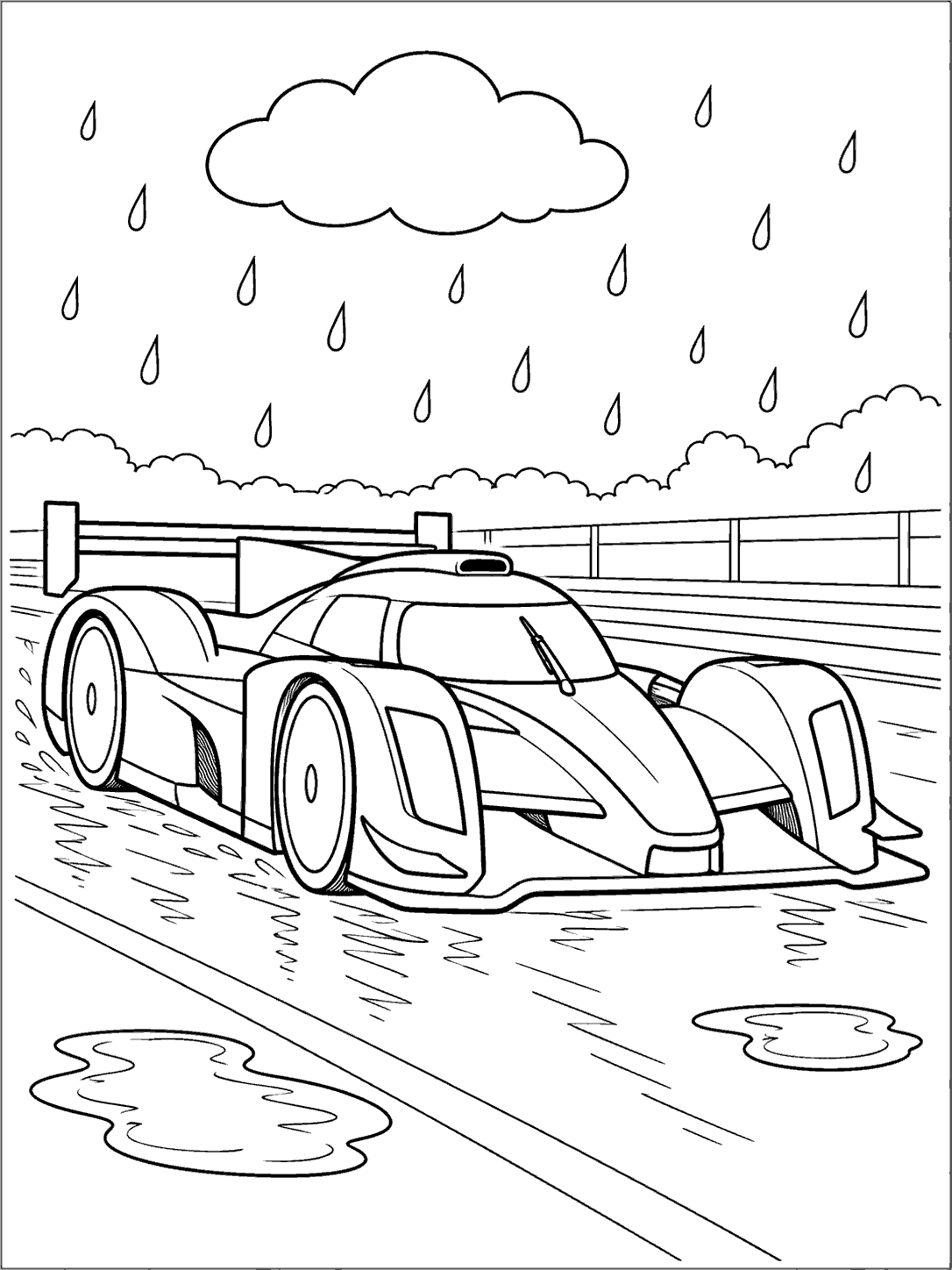 Covered-wheel race car on a rainy track with raindrops and two puddles