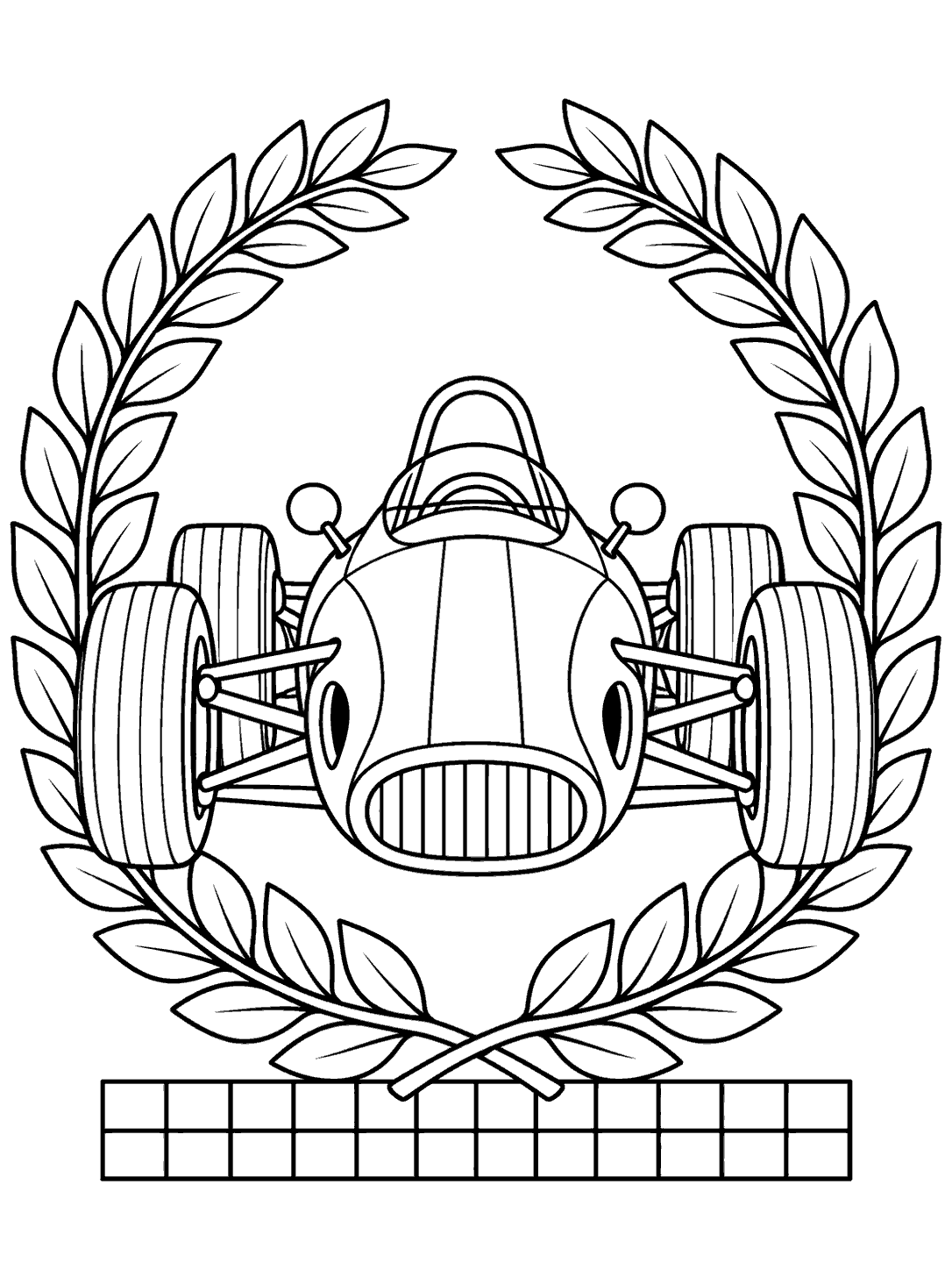 Front-facing classic race car framed by individually outlined laurel leaves, with a blank checkered base beneath it
