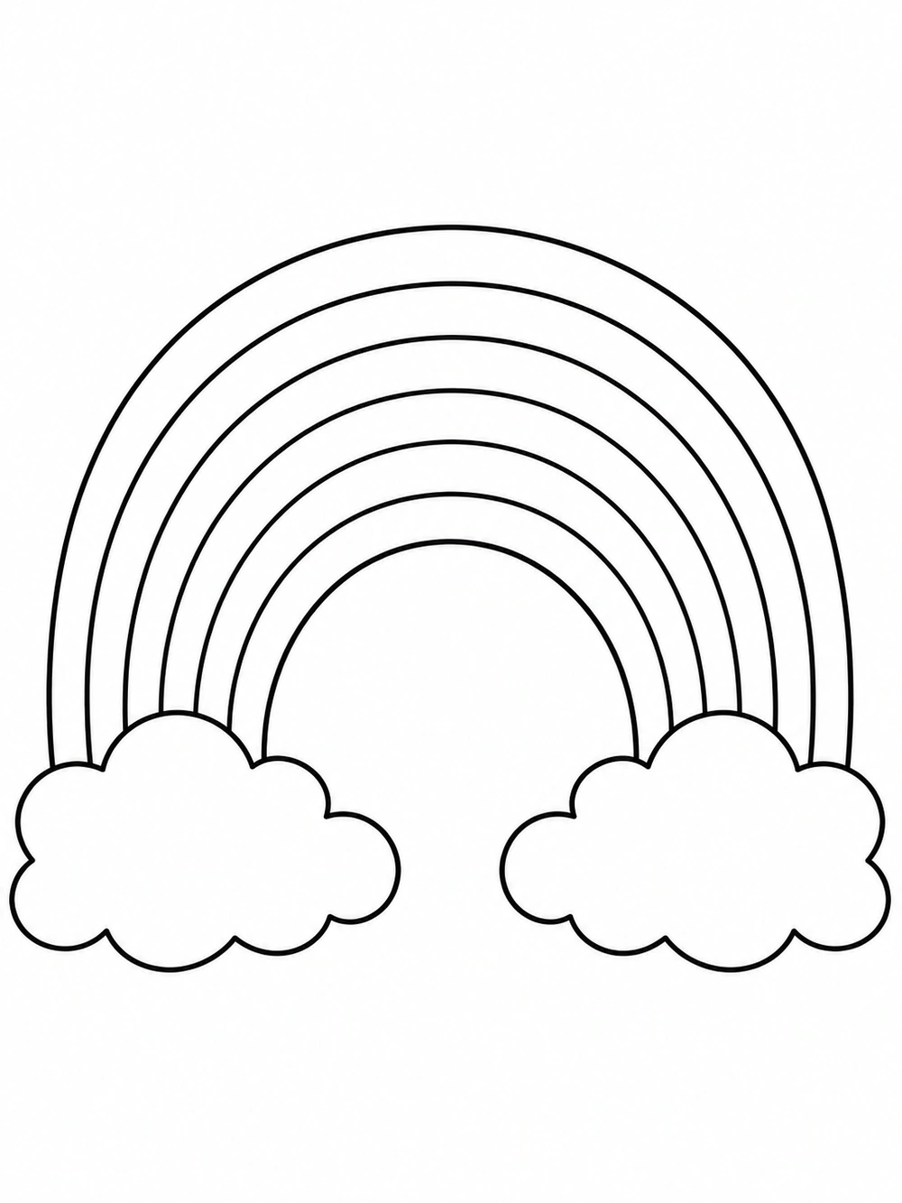A large outlined rainbow arch between two puffy clouds on a white coloring page.