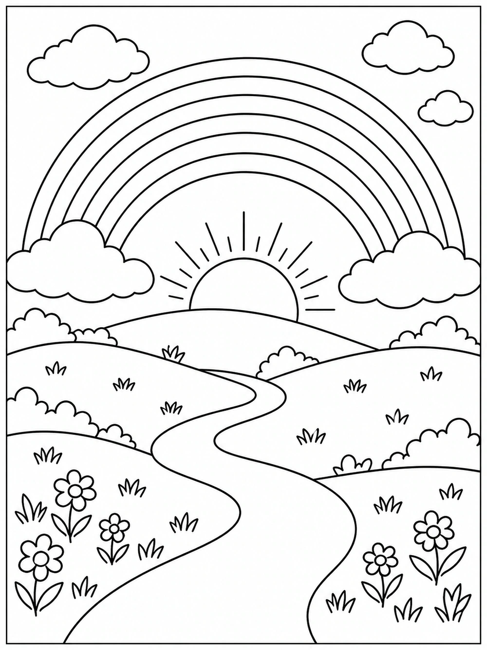 Rainbow, sun, and winding path across flower-dotted rolling hills coloring page
