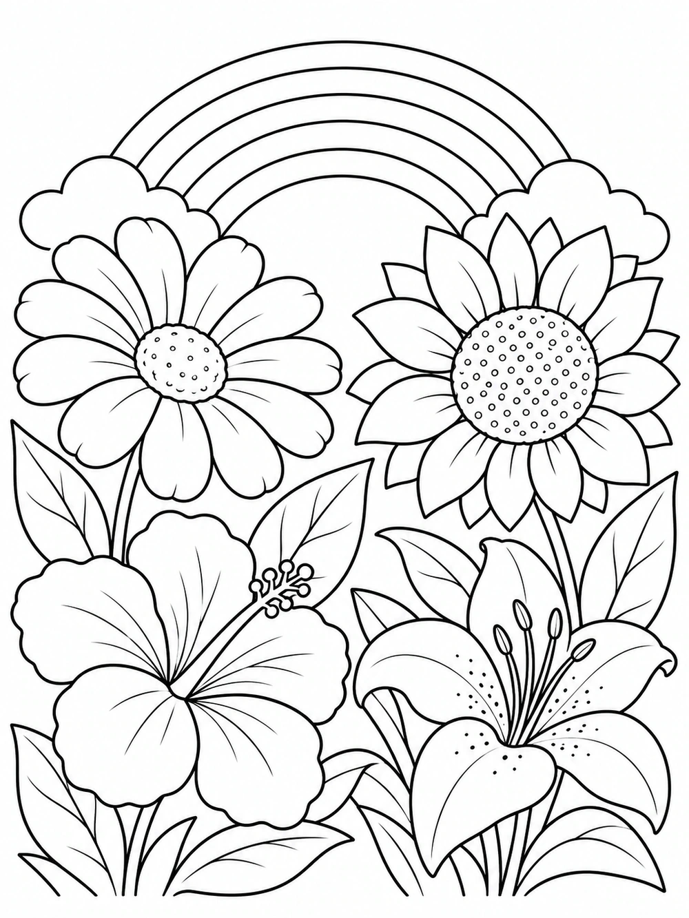Rainbow framed by garden flowers coloring page