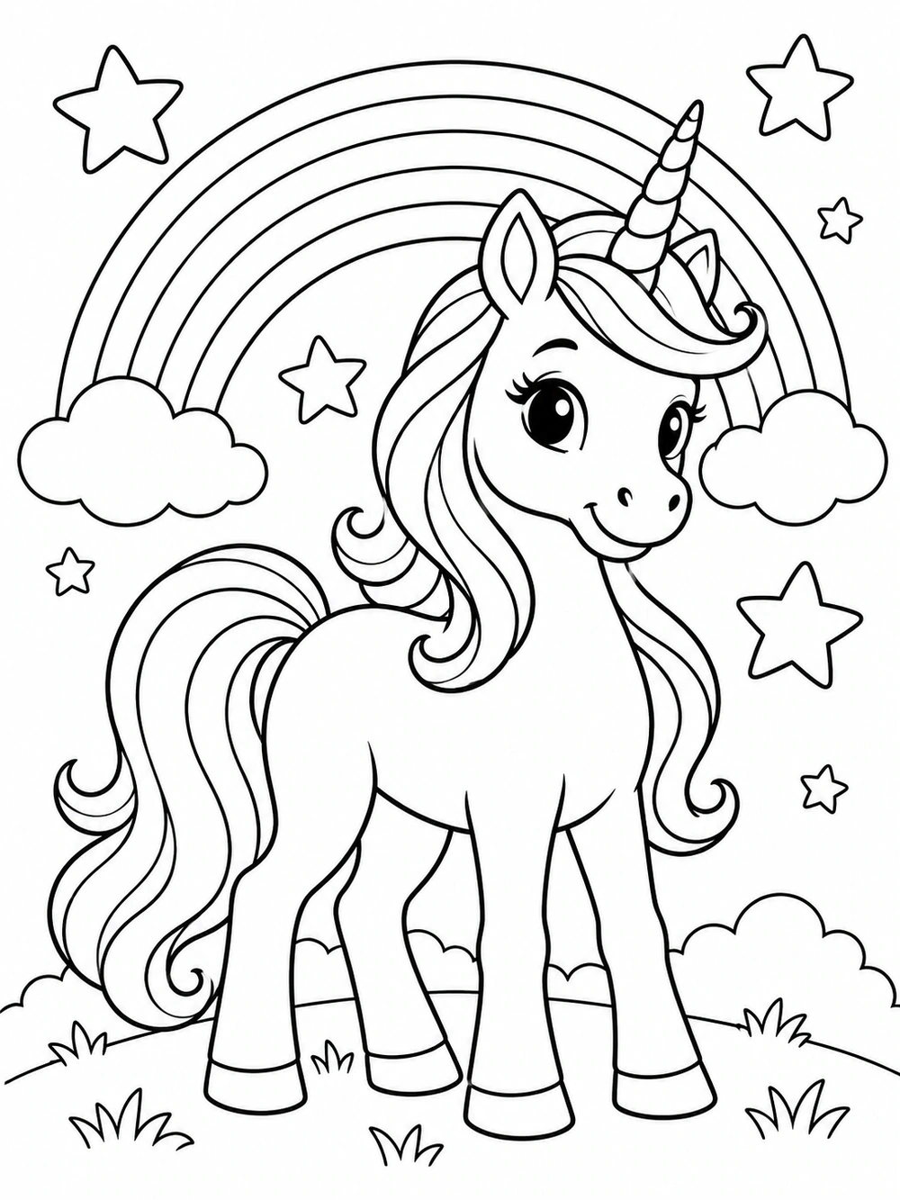 Standing unicorn with a flowing mane beneath a curved rainbow, surrounded by outlined stars and clouds on a coloring page