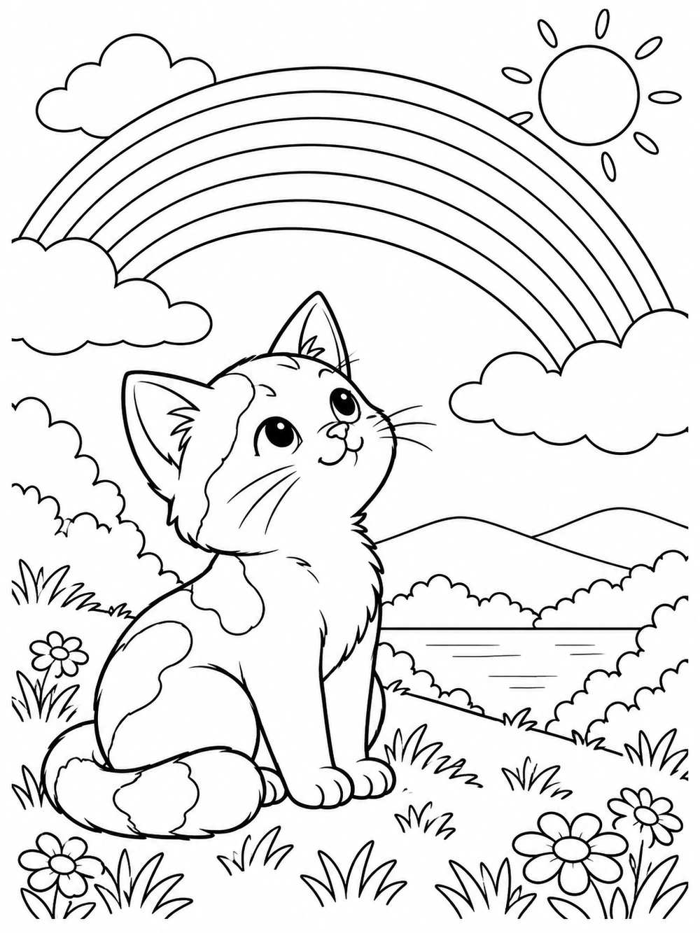 Seated kitten gazing up at a rainbow coloring page with clouds, sun, flowers, and a pond.