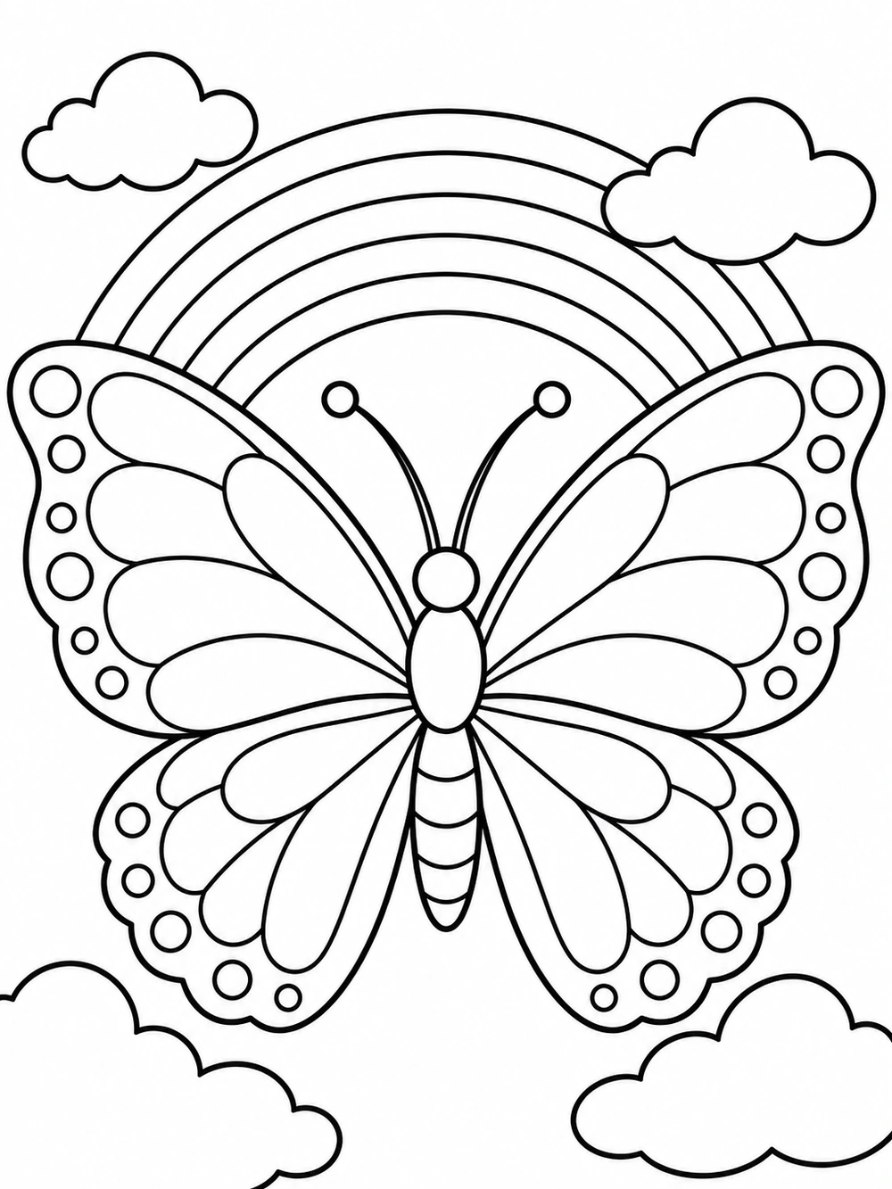 Large symmetrical butterfly with patterned wings flying before a curved rainbow and clouds, in black-and-white coloring page line art.