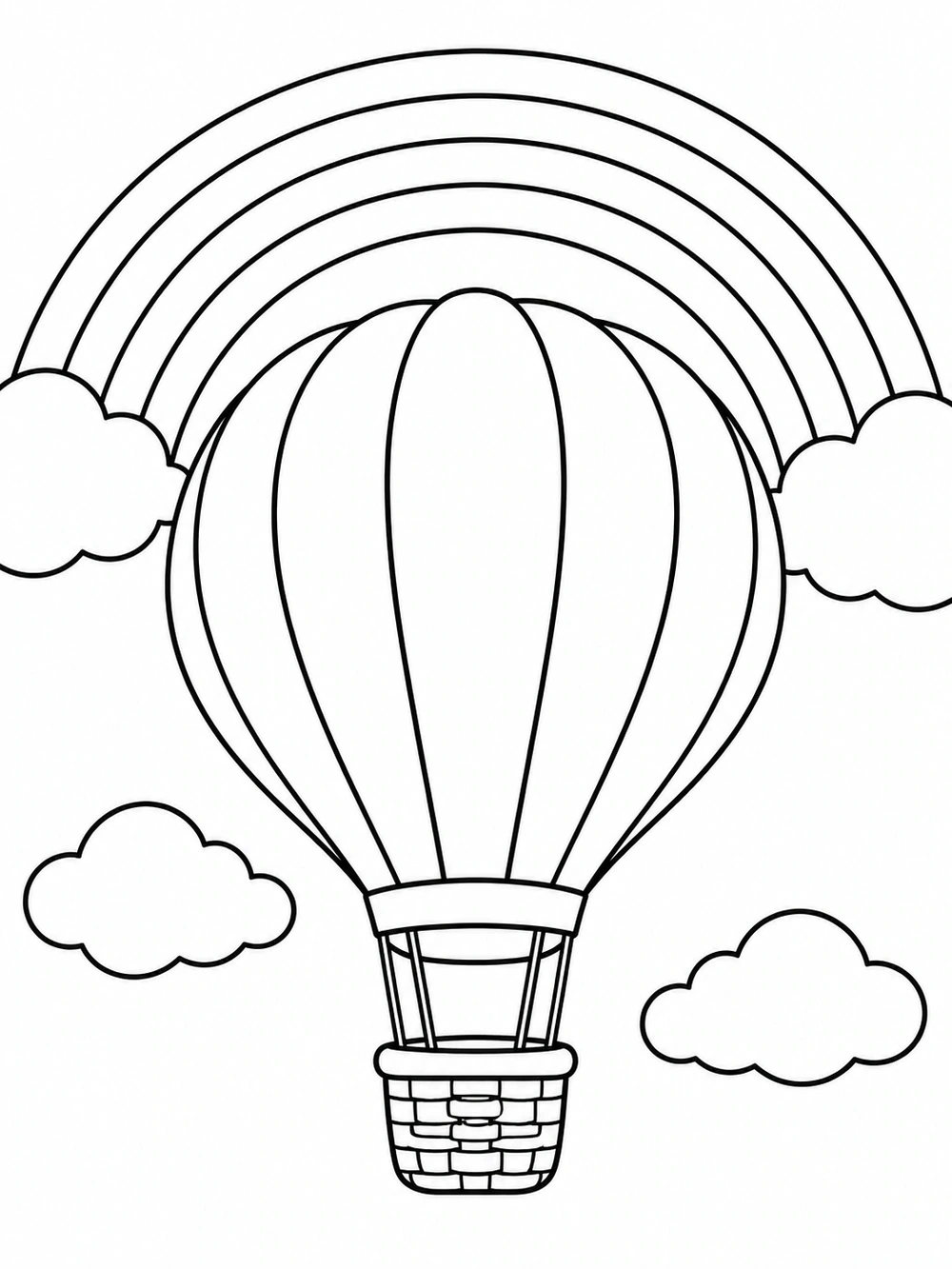 Hot air balloon with a woven basket beneath a large rainbow, surrounded by clouds, in black and white coloring page line art.