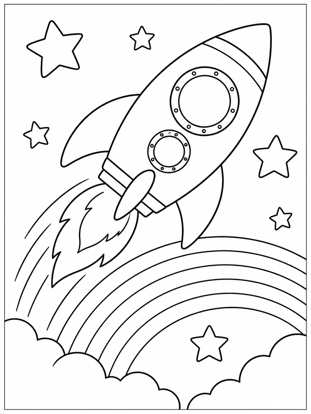 Rocket ship traveling past a rainbow and stars on a coloring page.