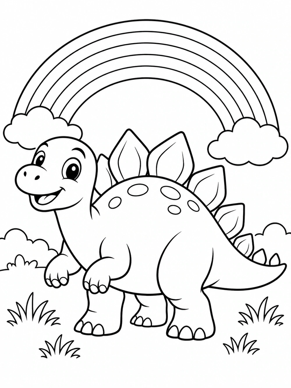 Friendly smiling dinosaur standing beneath a rainbow coloring page