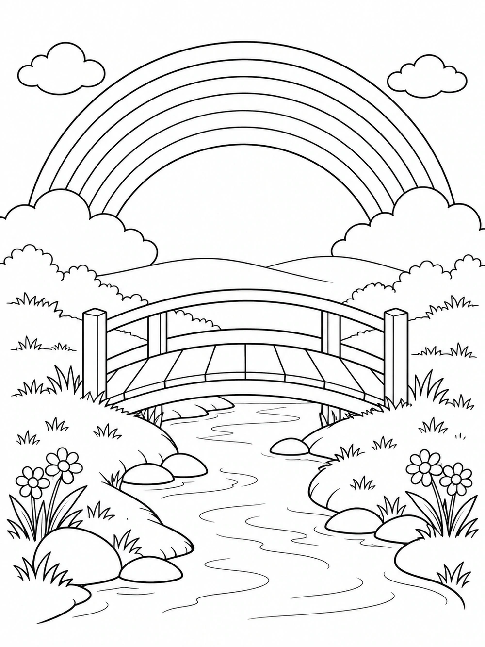 Rainbow over an arched wooden bridge and stream coloring page