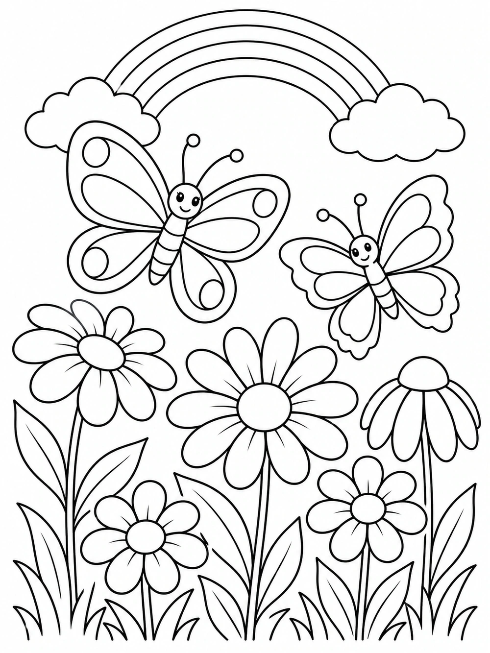Two large butterflies, a rainbow, clouds, and tall flowers in a garden coloring page