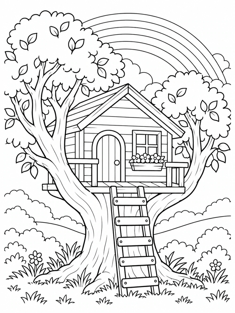 Black-and-white treehouse coloring page with a rainbow, leafy trees, a door, window, and ladder.