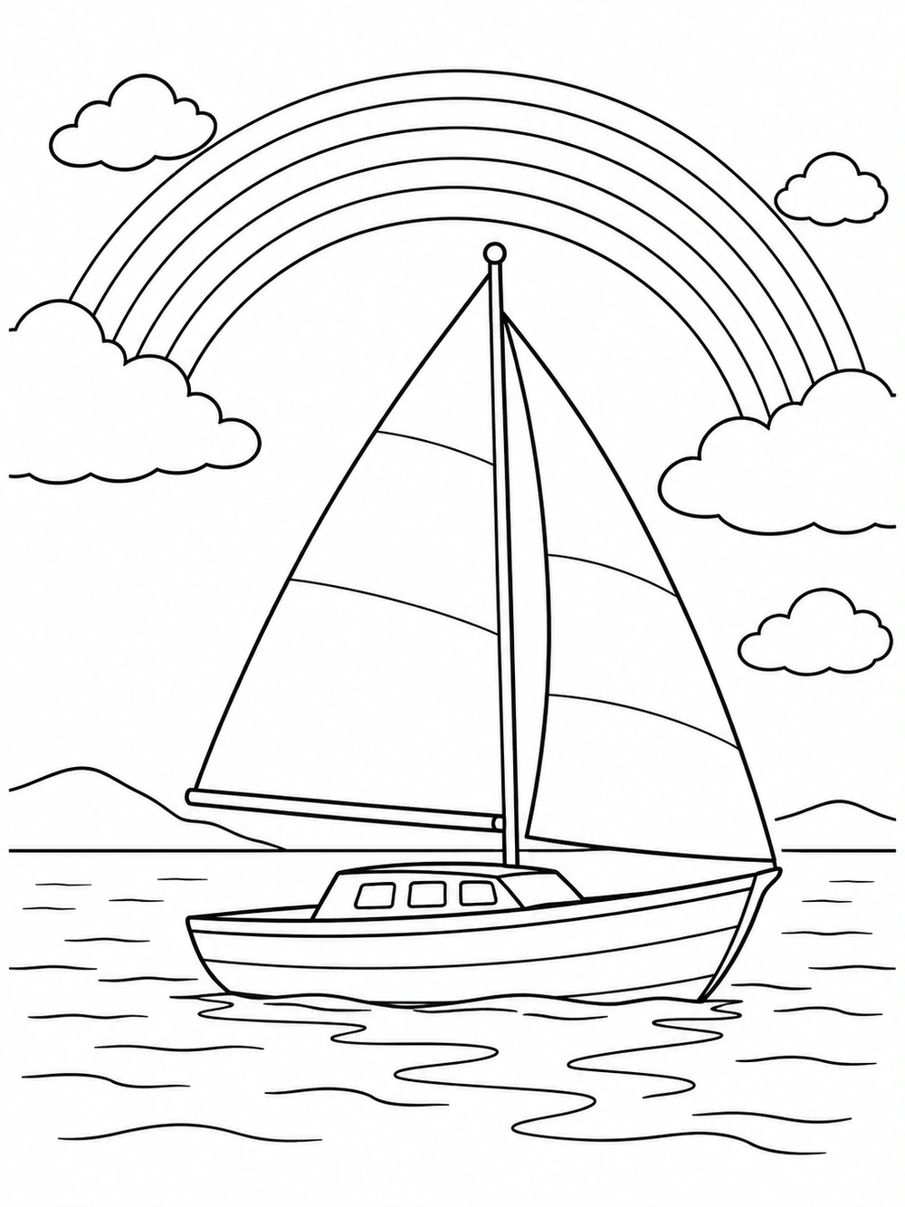 Sailboat with two broad sails beneath a rainbow and clouds, on a printable coloring page.