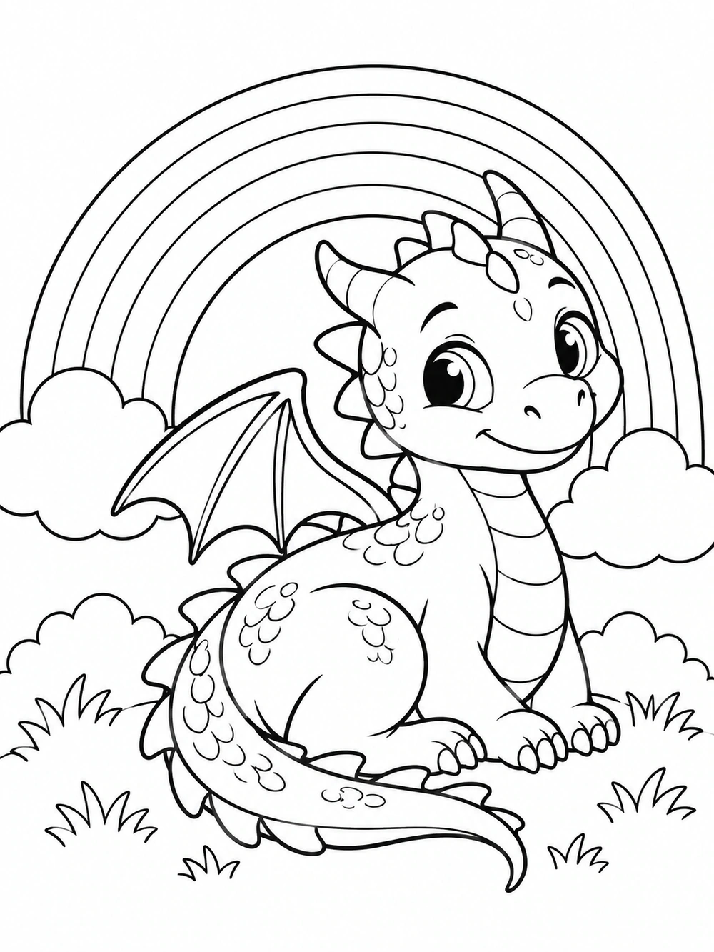 Smiling little dragon with small wings, curled tail, and scales beneath a rainbow with clouds and grass
