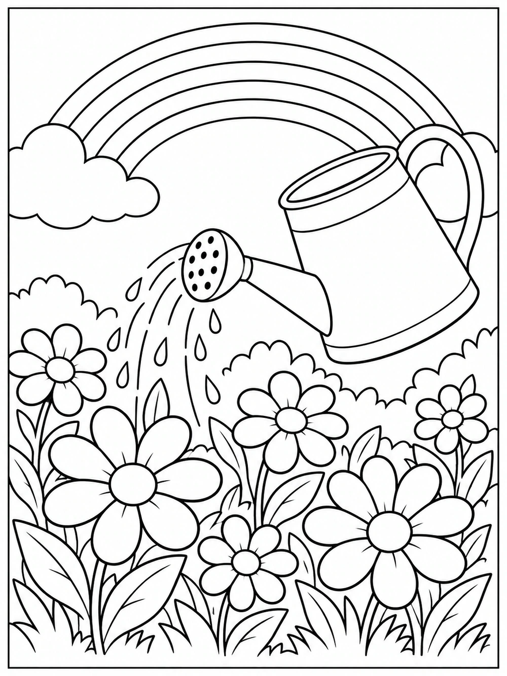 Watering can streams water over broad-petaled flowers beneath a rainbow coloring page.