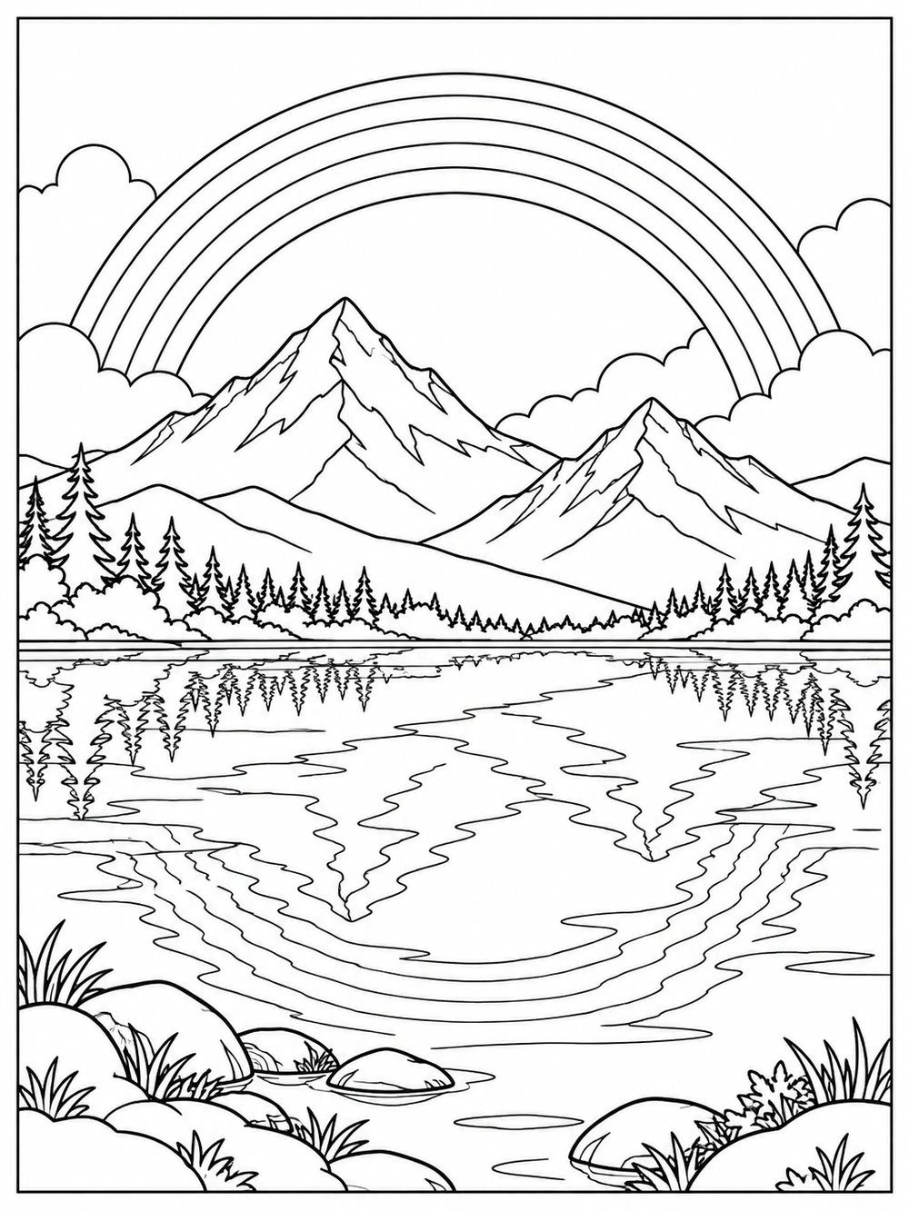 Black and white mountain lake coloring page with two peaks, a rainbow, and its reflection in the water