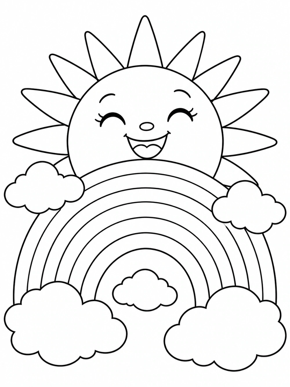 Smiling sun peeking over a rainbow coloring page