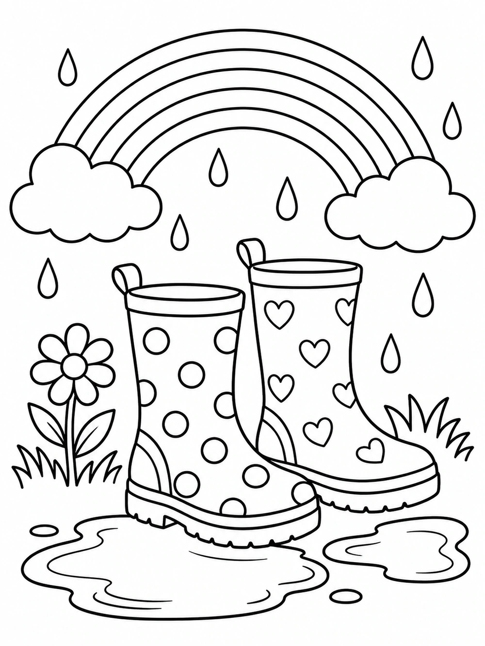 A pair of patterned rain boots beside puddles beneath a rainbow, with raindrops and a flower, drawn as a coloring page.