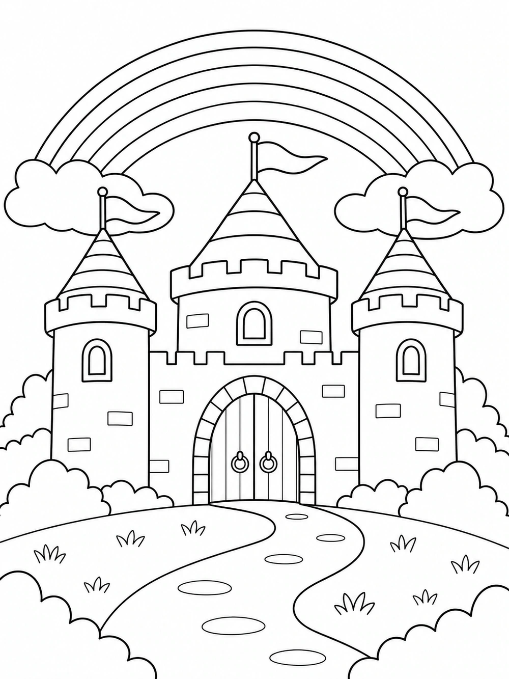 Black-and-white castle coloring page with two round towers, flags, an arched doorway, clouds, and a rainbow.