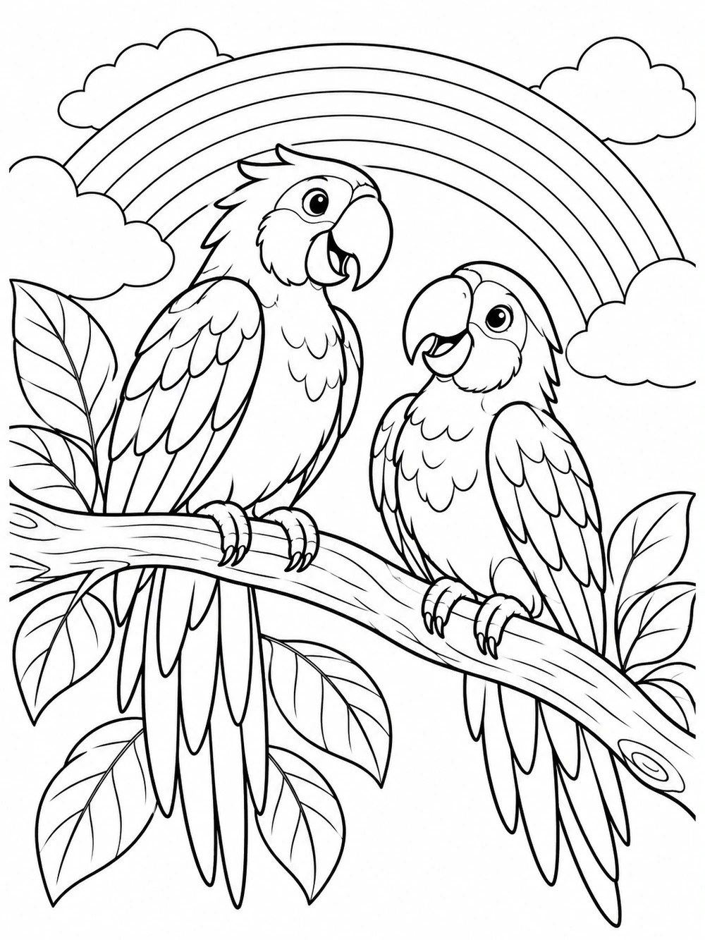 Two distinct parrots perched on a curved leafy branch beneath a rainbow, drawn in black outlines on white.