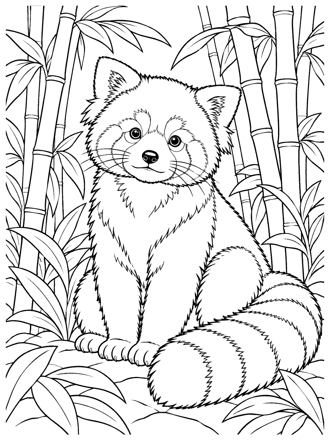 A seated red panda with a large ringed tail rests among bamboo and broad leaves in a black-outline coloring page.