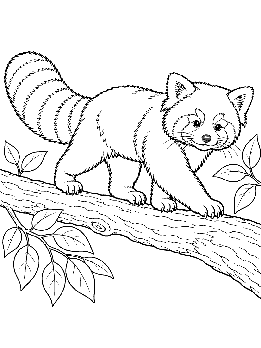 Red panda walking along a tree branch, its striped tail raised behind it and all four paws gripping the bark.