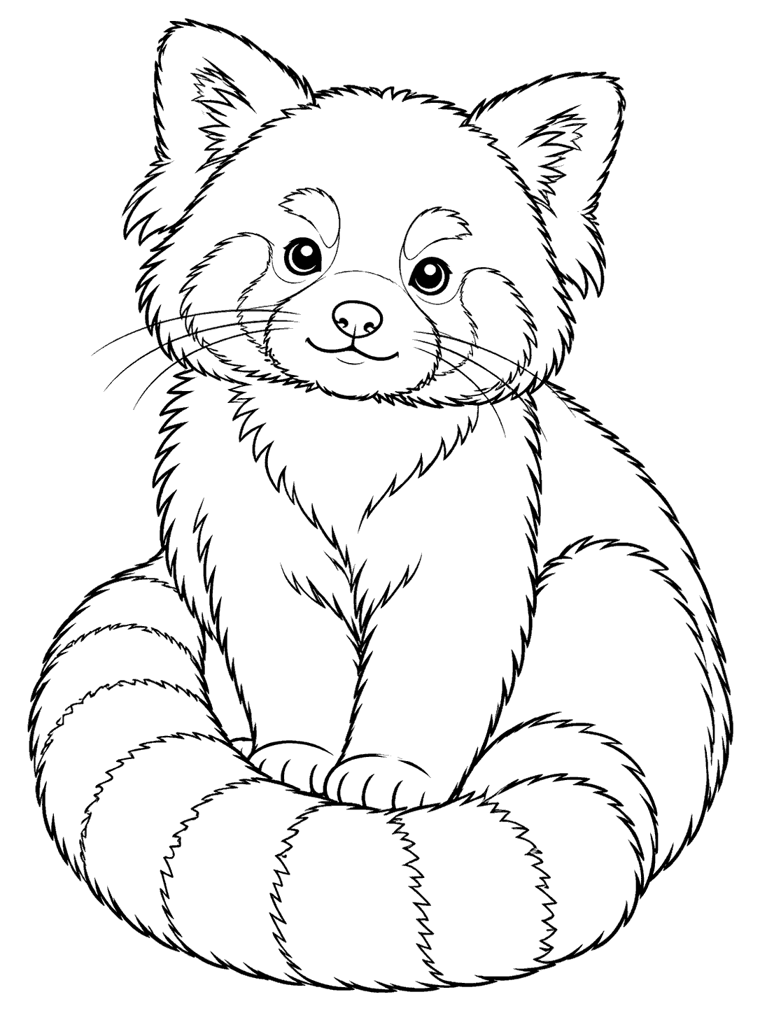 Seated red panda with visible pointed ears and a large ringed tail curled around its front paws.