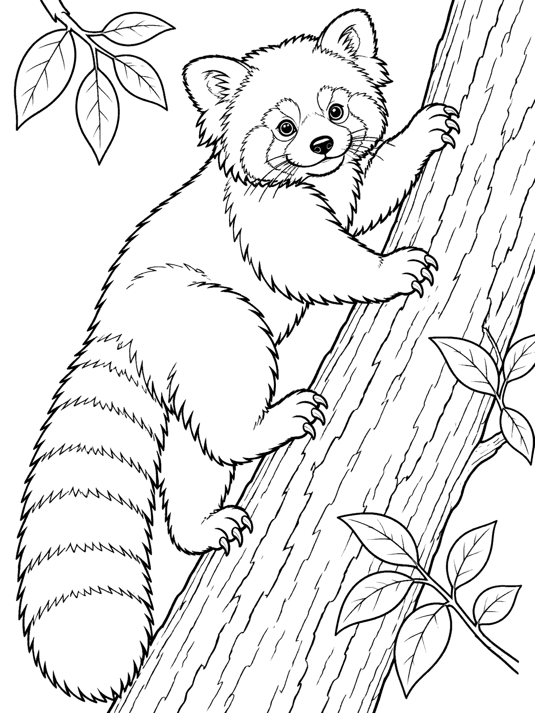 Red panda climbing a tree trunk, its ringed tail hanging down.